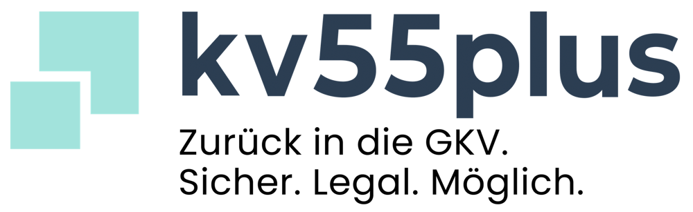 Logo "kv55plus" mit zwei hellblauen Quadraten und dem Slogan "Zurück in die GKV. Sicher. Legal. Möglich."