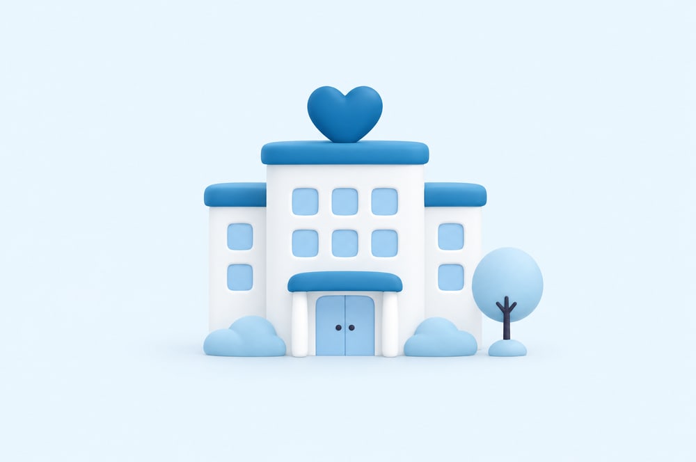 Illustration: Gebäude mit Herz auf dem Dach und Baum