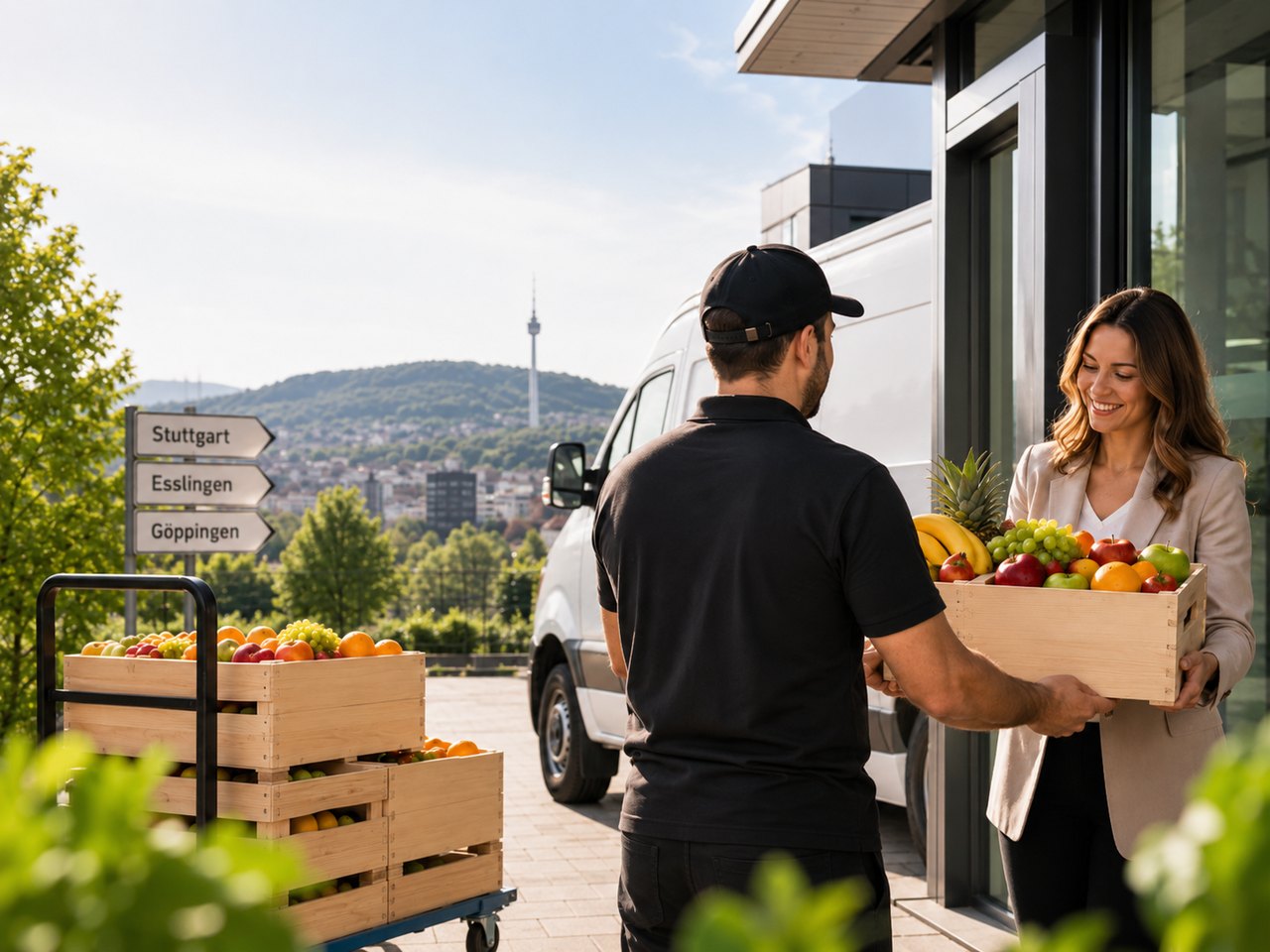 Zusteller übergibt Obstkiste an Kundin vor dem Firmengebäude, im Hintergrund Wegweiser nach Stuttgart, Esslingen und Göppingen