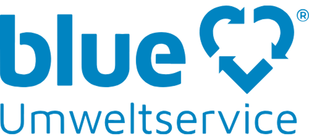 Blaues Logo "blue Umweltservice" mit Recycling-Symbol in Herzform