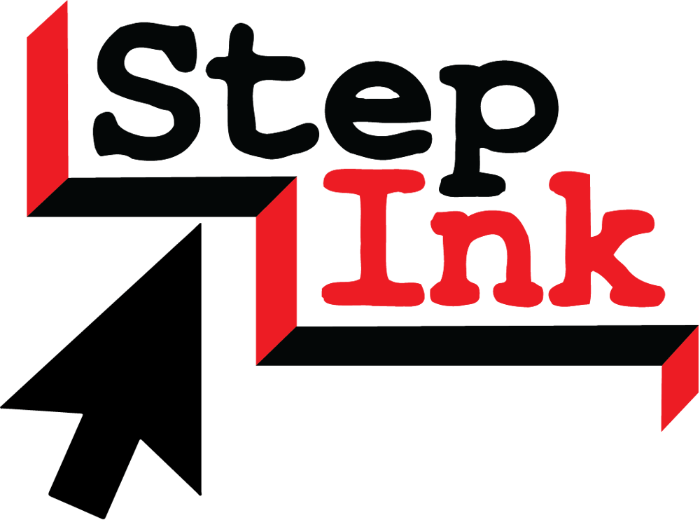 Black text "step" above red text "Ink" with a black arrow pointing up and left, and red ribbon-like shapes.