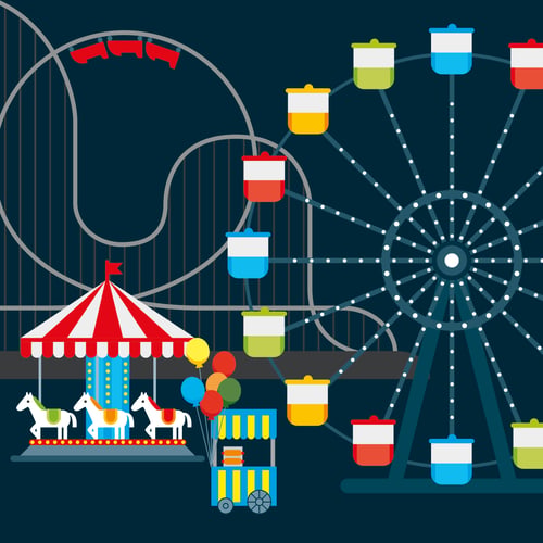 Illustration von Pützchens Markt mit Riesenrad, Karussell und Achterbahn bei Nacht