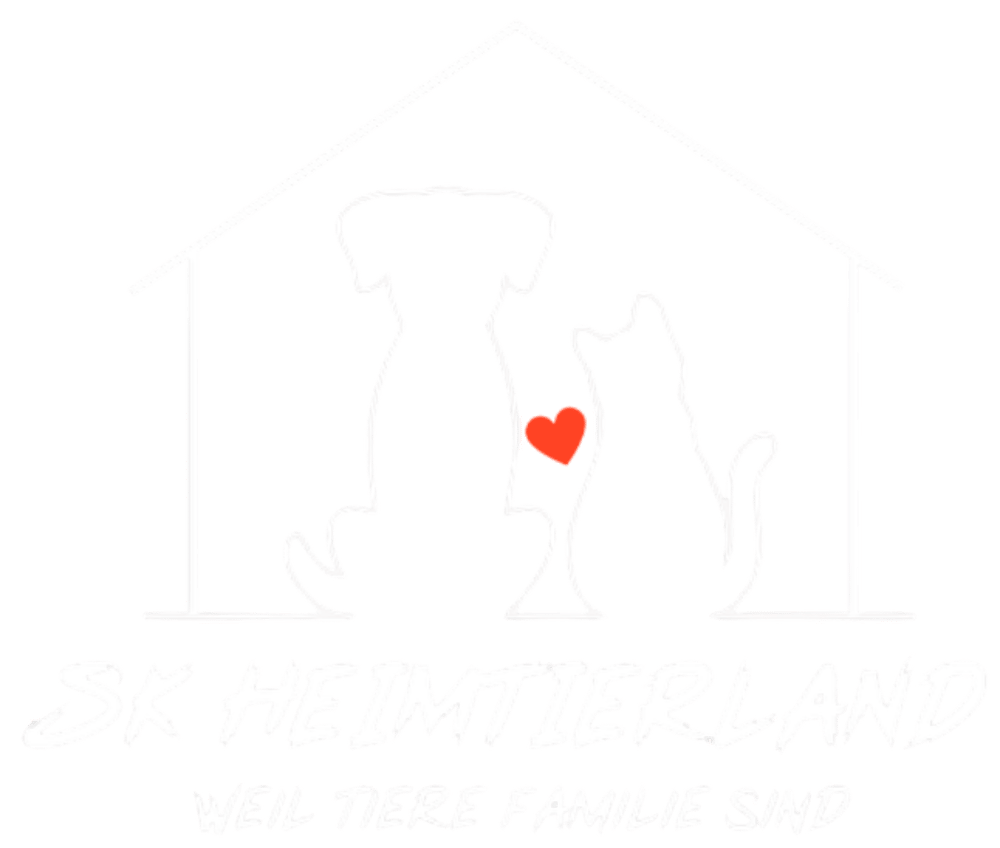 Hund und Katze mit rotem Herz im Haus, Text: SK HEIMTIERLAND WEIL TIERE FAMILIE SIND