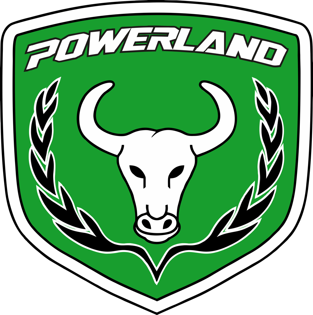 Grünes Wappen mit weißem Stierkopf, schwarzen Lorbeerkränzen und "POWERLAND" oben.