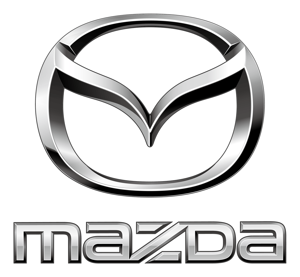 Mazda-Logo mit silbernem Flügel-M-Emblem über dem Schriftzug "MAZDA" auf grünem Hintergrund.