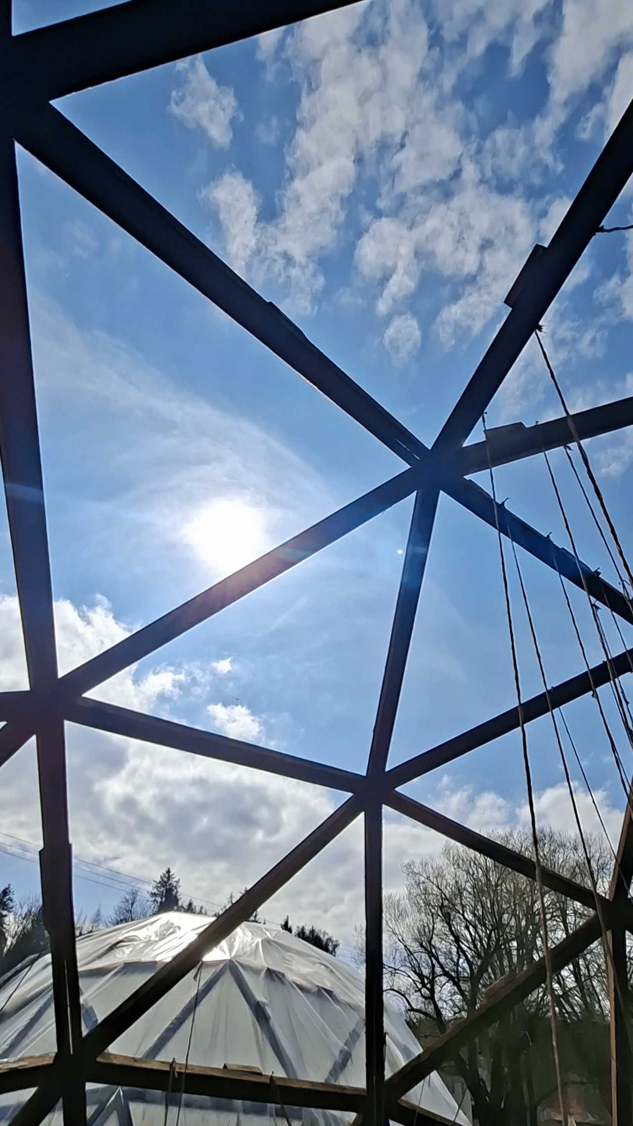 Blick durch das Gestänge eines Geodoms in den Himmel