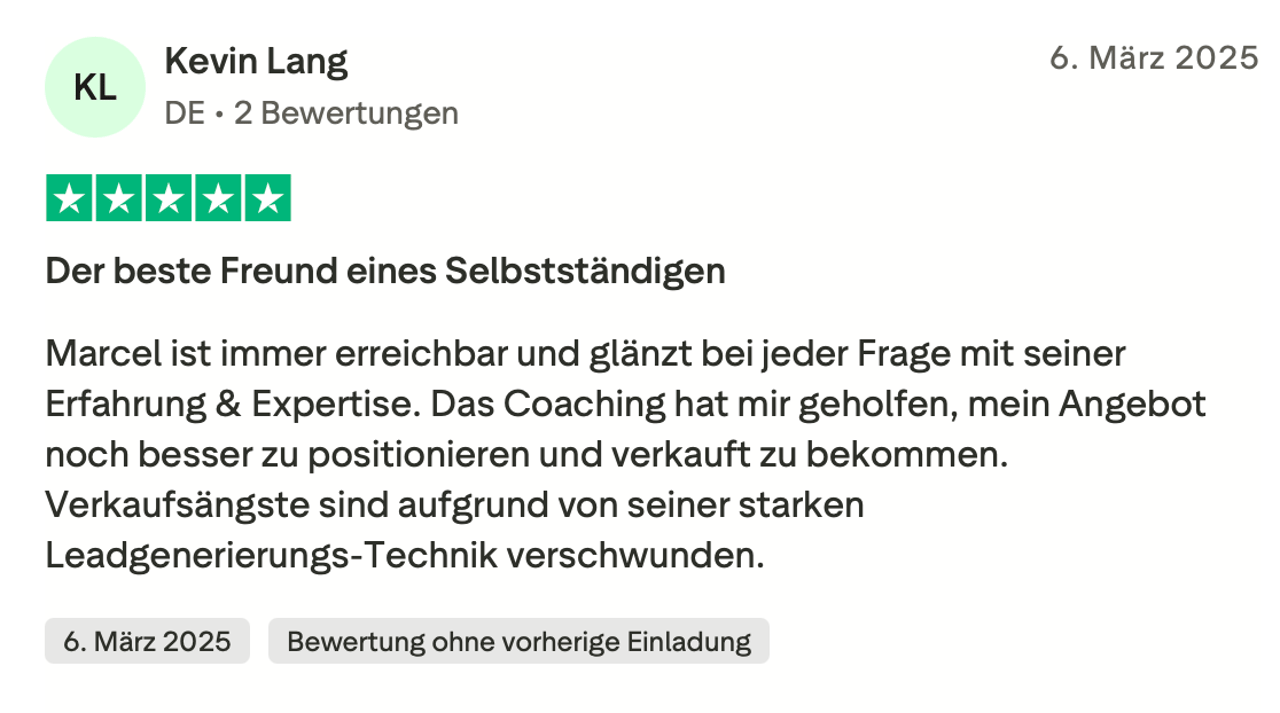 Trustpilot-Rezension von Kevin Lang