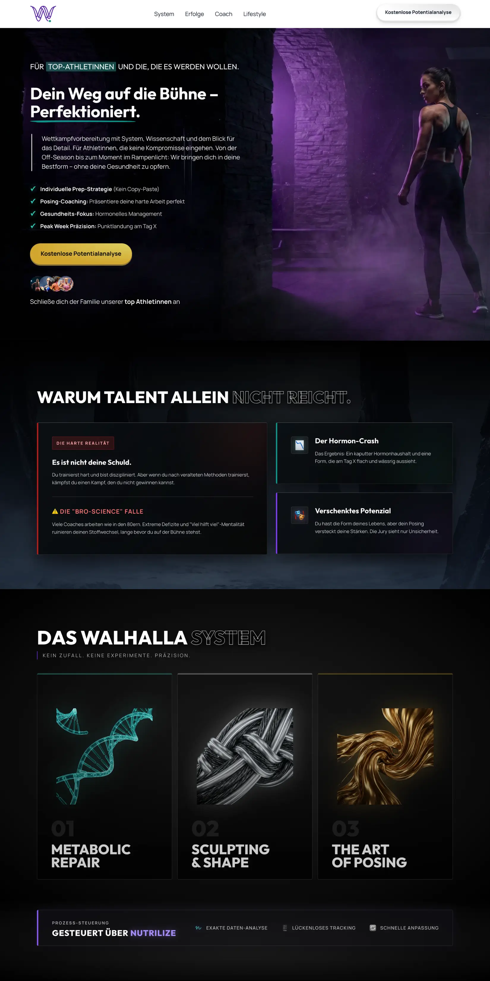 Dunkles High-End Webdesign für Bodybuilding und Fitness Coaching mit 3D-Elementen