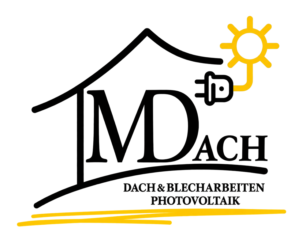 Logo: Hausumriss mit "MDACH", Stecker, Sonne. Darunter "DACH&BLECHARBEITEN, PHOTOVOLTAIK".
