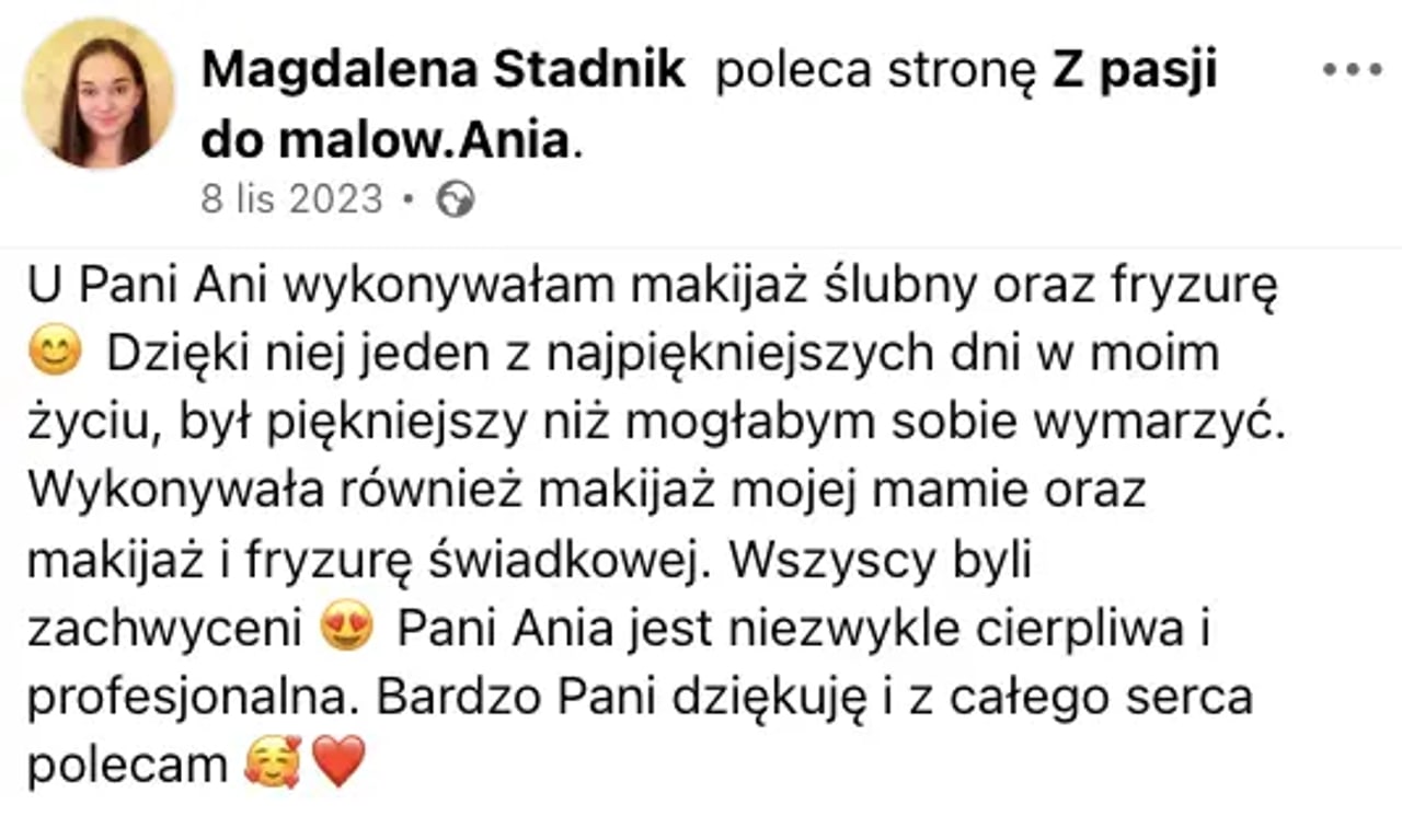 Opinia Magdaleny Stadnik z Facebooka
