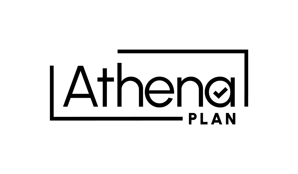 Schwarzes Logo "Athena Plan" mit einem Häkchen über dem "a" und einem Rahmen.