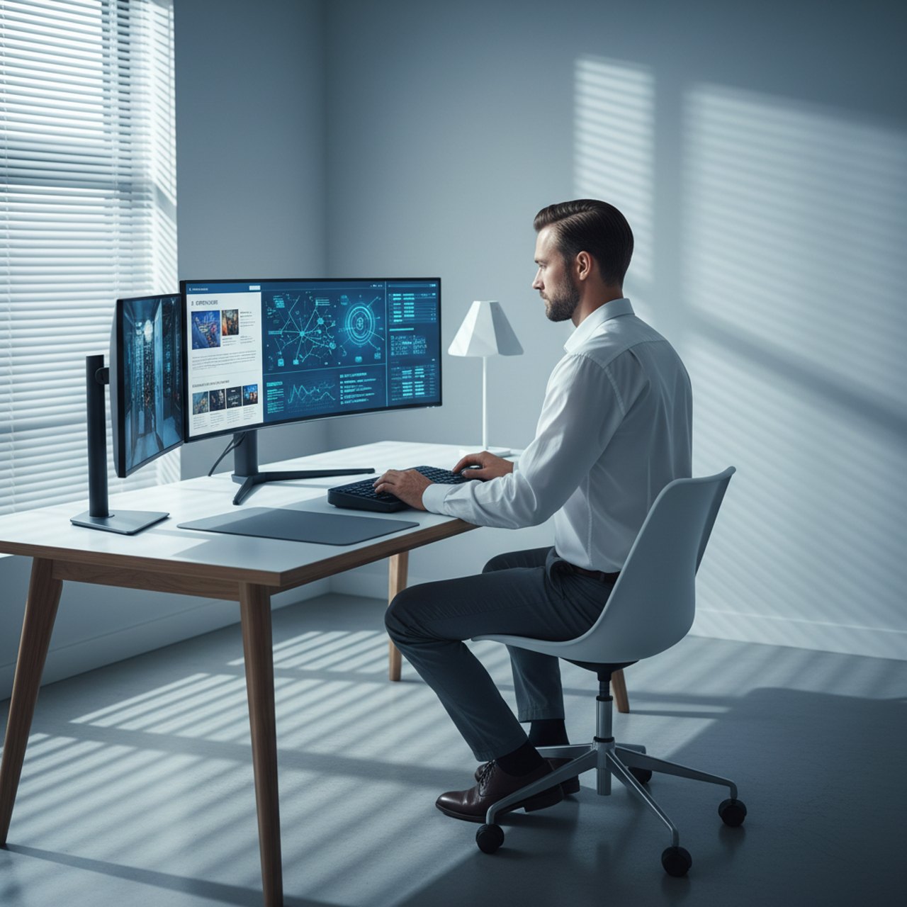 Administrator liest IT-News am Arbeitsplatz