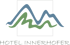 Hotel Innerhofer Logo: stilisierte blaue und grüne Berge in einem grauen Quadrat.