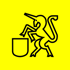 Gelbes Wappen mit schwarzem Umriss eines Einhorns, das ein leeres Schild hält.