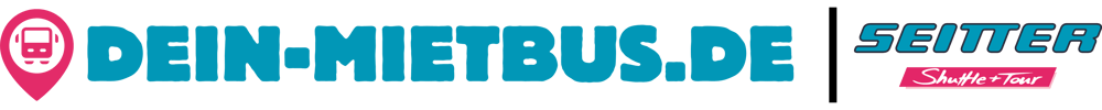 Logo mit rosa Navigationsnadel und blauem Text "DIN-MIETBUS.DK", daneben "SEITER" und "Shuttle & Tour".