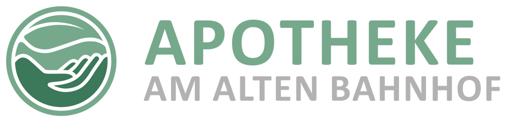 Logo der Apotheke am Alten Bahnhof: eine Hand, die ein Blatt hält, mit dem Text "APOTHEKE AM ALTEN BAHNHOF".