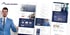 Ein Mann im blauen Anzug gestikuliert neben mehreren Screenshots einer Website mit seinem Namen und Bildern.