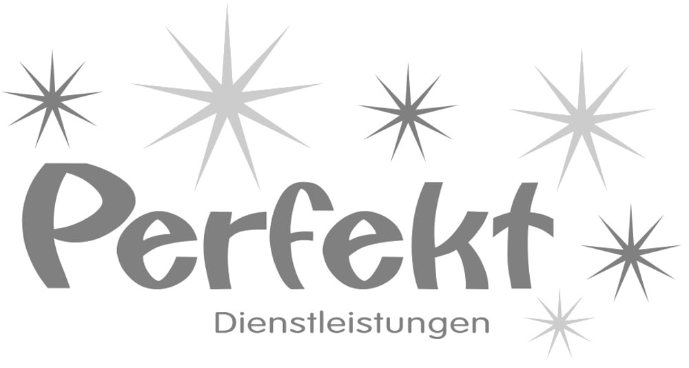 "Perfekt" in großer Schrift, "Dienstleistungen" darunter, umgeben von sieben Sternen in verschiedenen Größen.