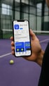 Hand hält Smartphone mit der Playtomic Padel-App im App Store vor einem lila Padel-Tennisplatz mit Tennisball.