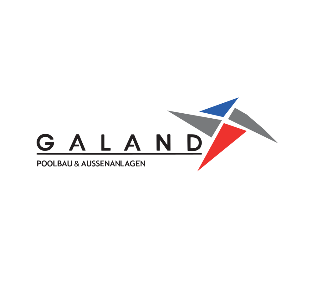 GALAND Poolbau & Aussenanlagen Logo; abstraktes Dreieck in Rot, Blau und Grau.