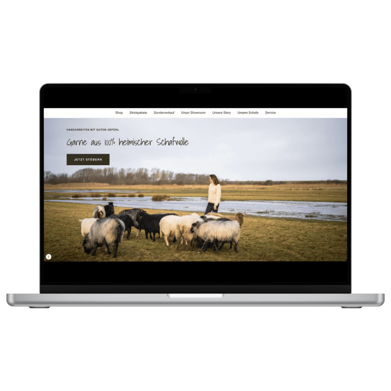 Laptop zeigt Website mit Schafen und Schäferin auf einer Wiese.