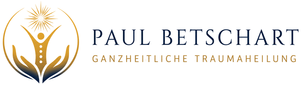 Logo von Paul Betschart Ganzheitliche Traumaheilung mit goldener Figur in Händen und strahlendem Stern auf Schwarz.