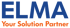 ELMA Logo mit blauem Text "ELMA" und orangefarbenem Text "Your Solution Partner" auf grünem Hintergrund.