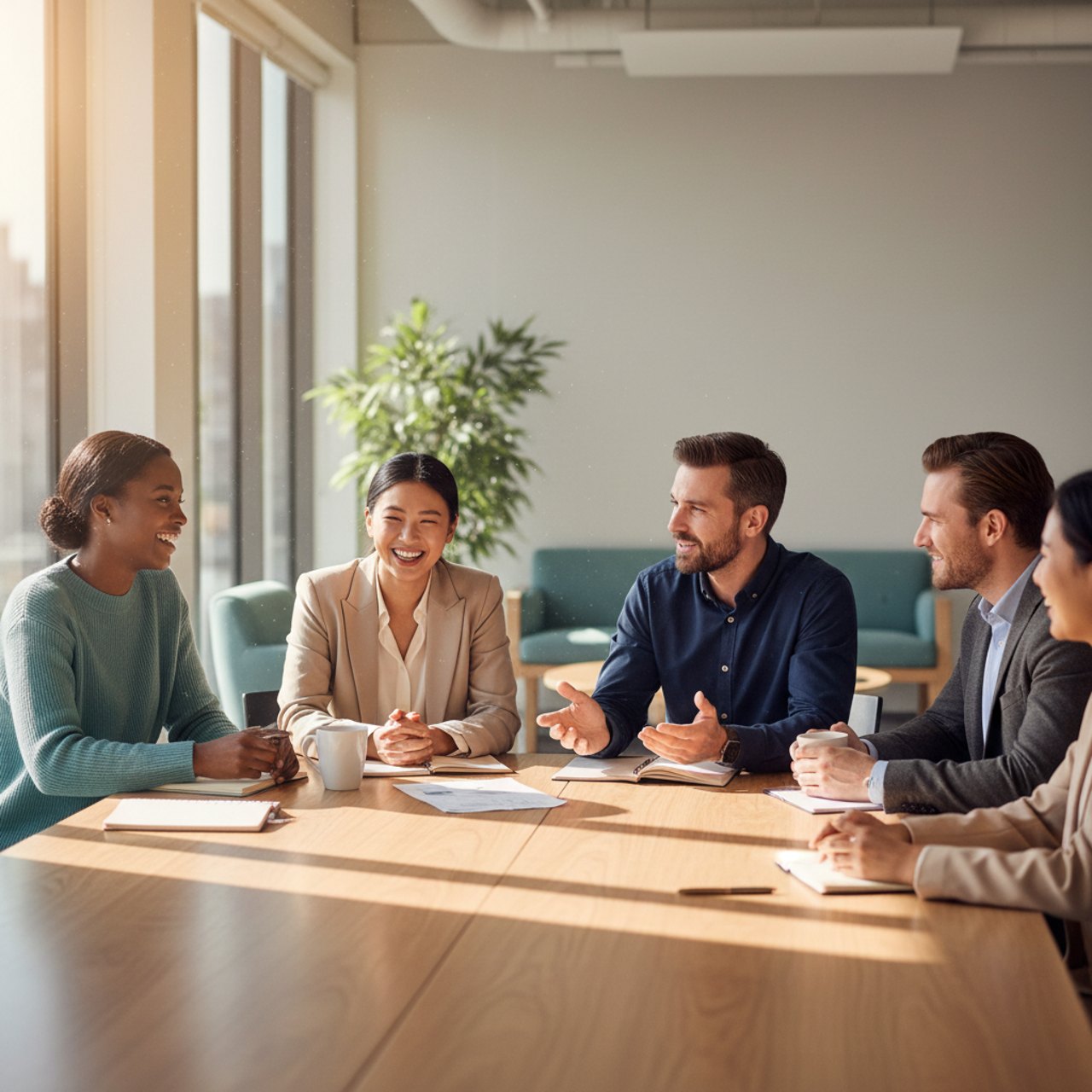 A diverse team in an open relaxed discussion in a bright modern office