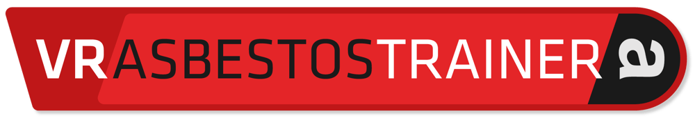 Das Logo "VR ASBEST TRAINER" ist rot und schwarz, mit einem dunkelroten Rahmen.