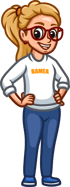 Eine Comicfigur einer Frau mit blondem Pferdeschwanz, roter Brille und einem weißen Sweatshirt mit der Aufschrift „BAMEA“.