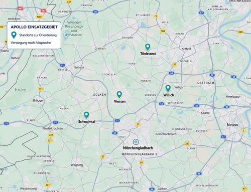 Einzugsgebiet des Apollo Pflegedienstes rund um Viersen