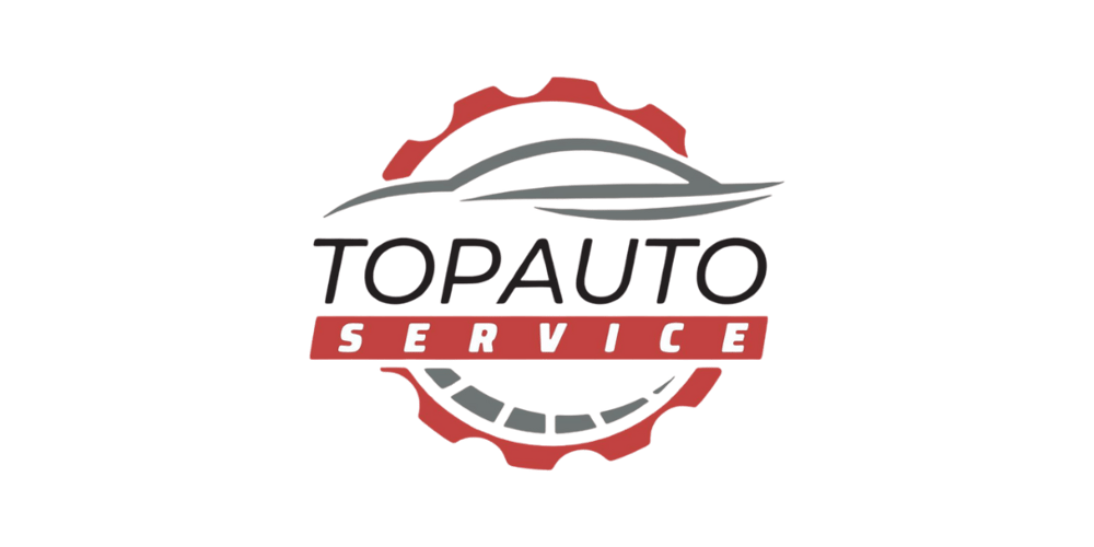 Logo: Rotes Zahnrad mit stilisiertem Auto, Text "TOPAUTO" und "SERVICE" in rotem Balken.