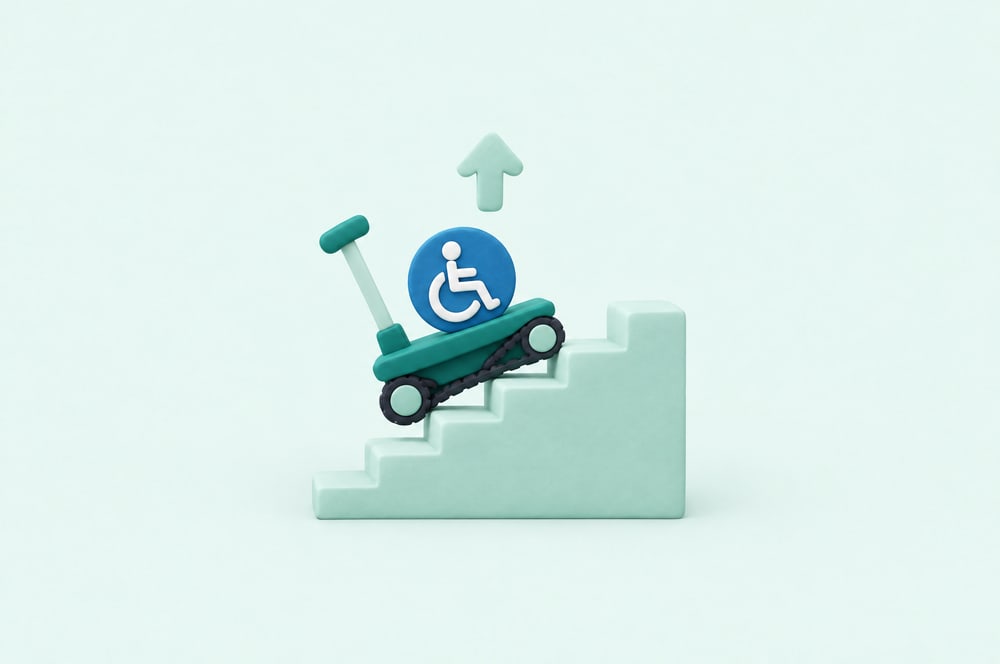 Illustration: Treppenraupe mit Rollstuhl-Symbol auf einer kurzen Treppe und Pfeil nach oben
