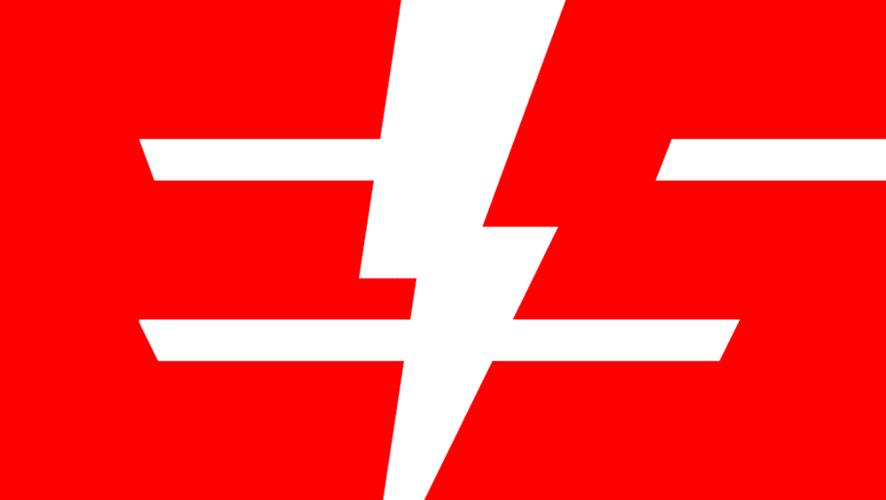 Rotes Blitzsymbol auf grünem Grund über dem schwarzen Text "Elektrotechnik Straßburg".