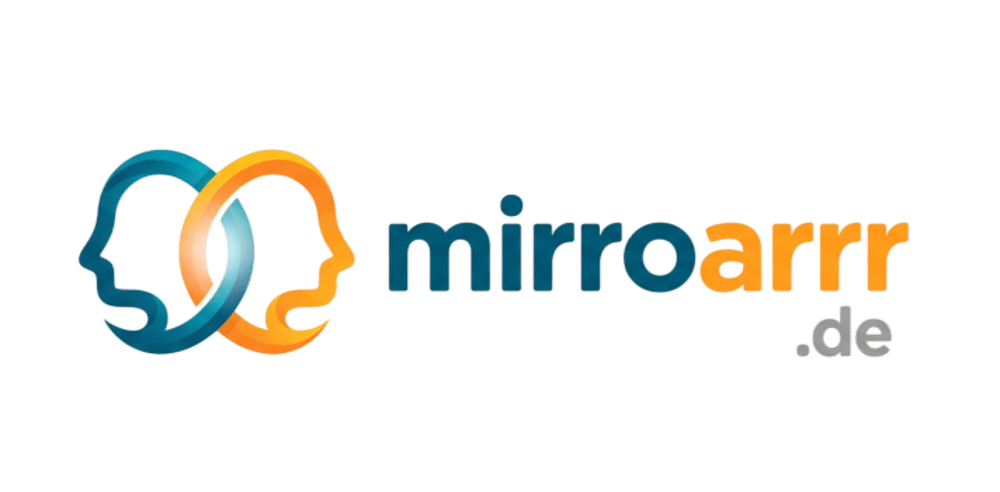 Mirroarrr.de logo with blue and orange interlocking human head silhouettes on a black background.