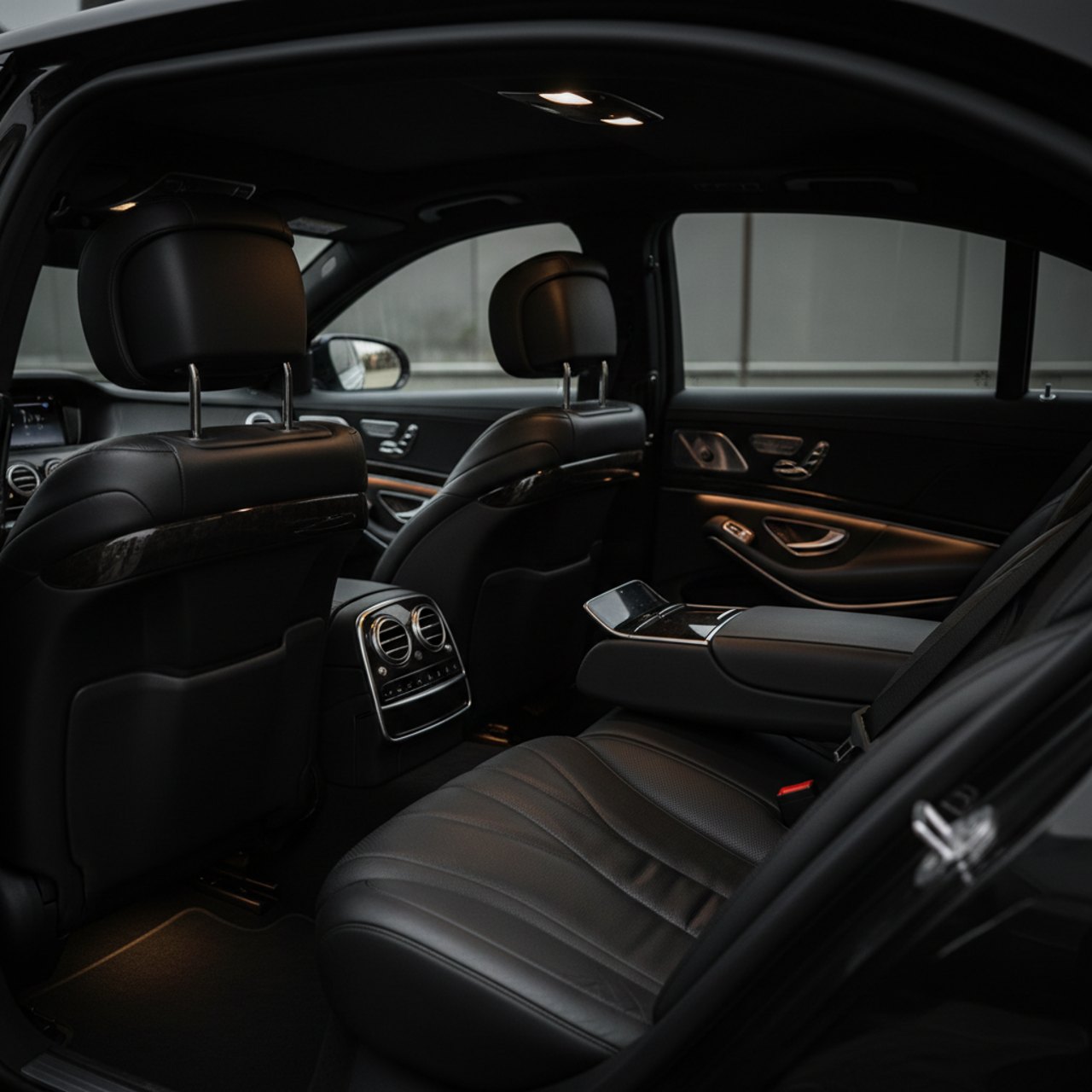 Fondbereich einer Mercedes-Benz S-Klasse mit schwarzem Leder und dezenter Ambientebeleuchtung