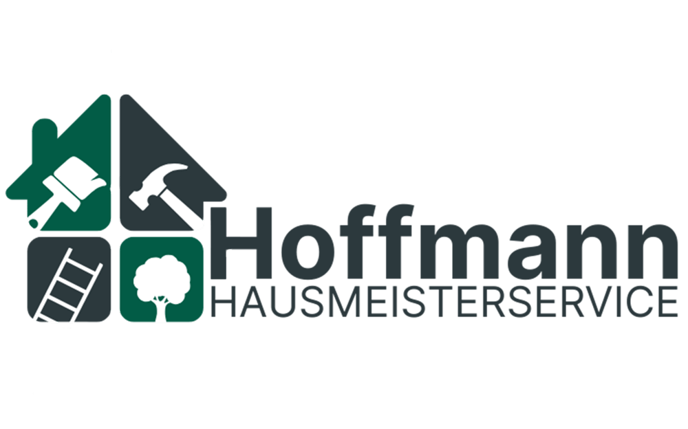 Hoffmann Hausmeisterservice Logo: Hausform mit Pinsel, Hammer, Leiter und Baum.