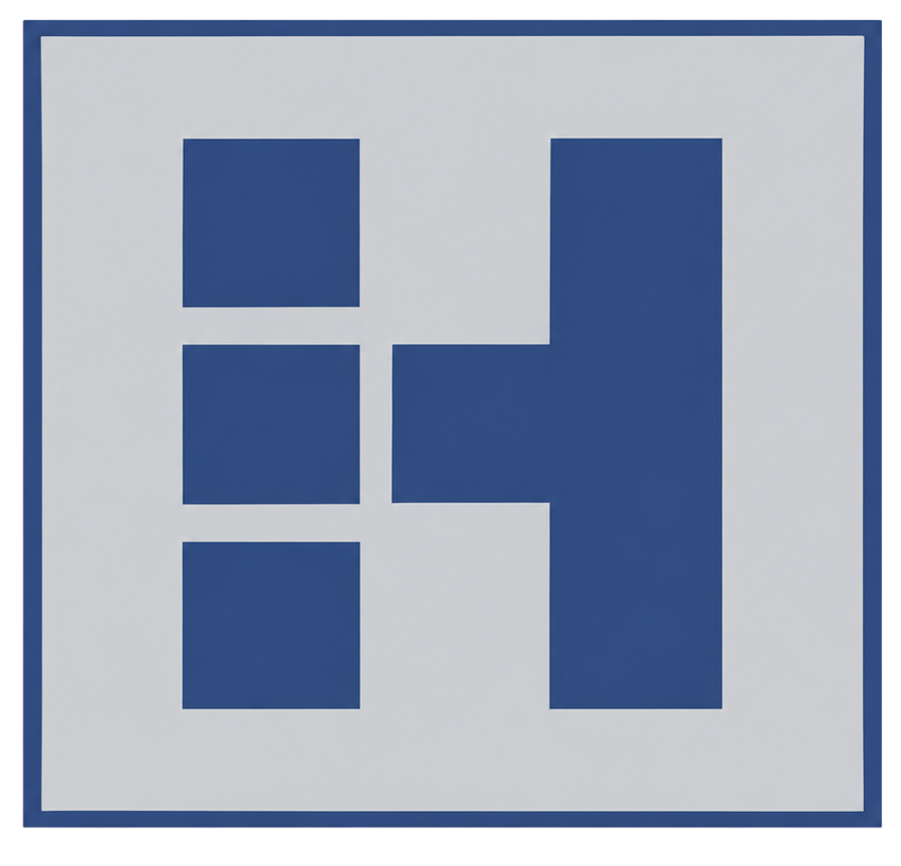 Graues Quadrat mit stilisiertem blauem H-Logo.