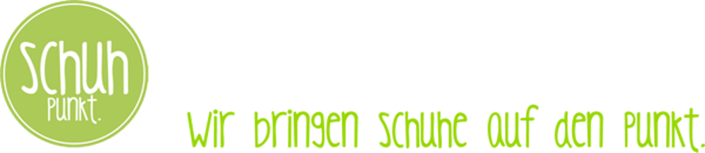Logo "Schuh Punkt." in hellem Kreis auf dunklem Hintergrund, daneben Text "wir bringen Schuhe auf den Punkt.".