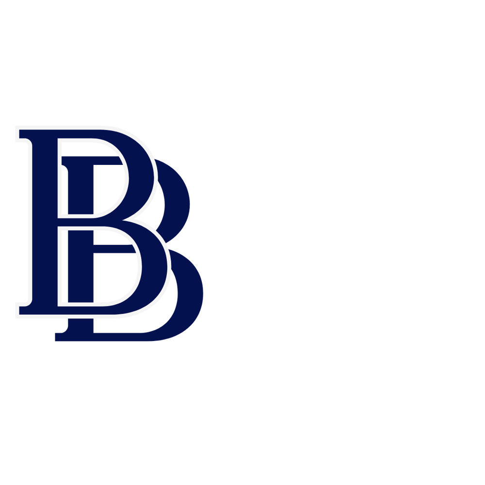 Dunkelblaues "B" mit weißer Umrandung und Schatten auf dunkelgrünem Hintergrund.