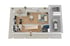 Grundriss mit zwei spiegelbildlichen Wohnungen, jeweils mit Wohnzimmer, Küche, Bad, Schlafzimmer und Balkon.