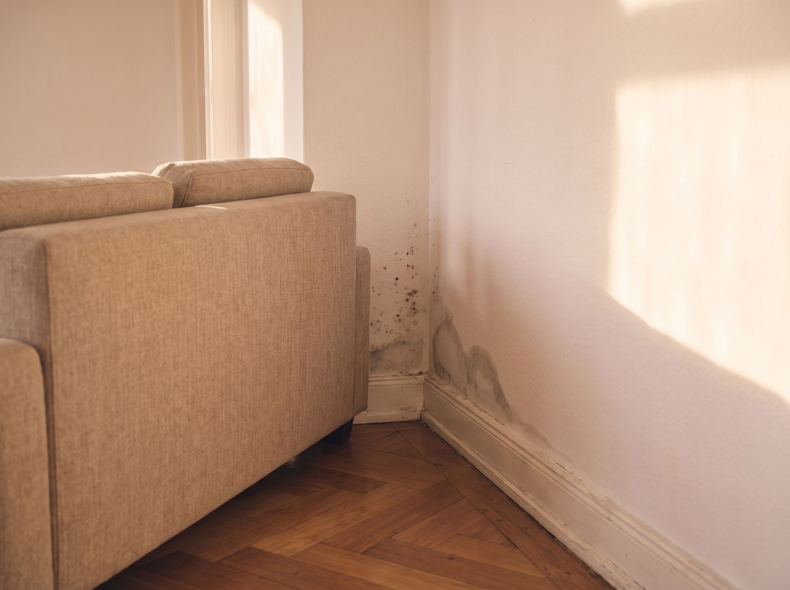 Stockflecken in der Zimmerecke hinter einem abgerückten Sofa