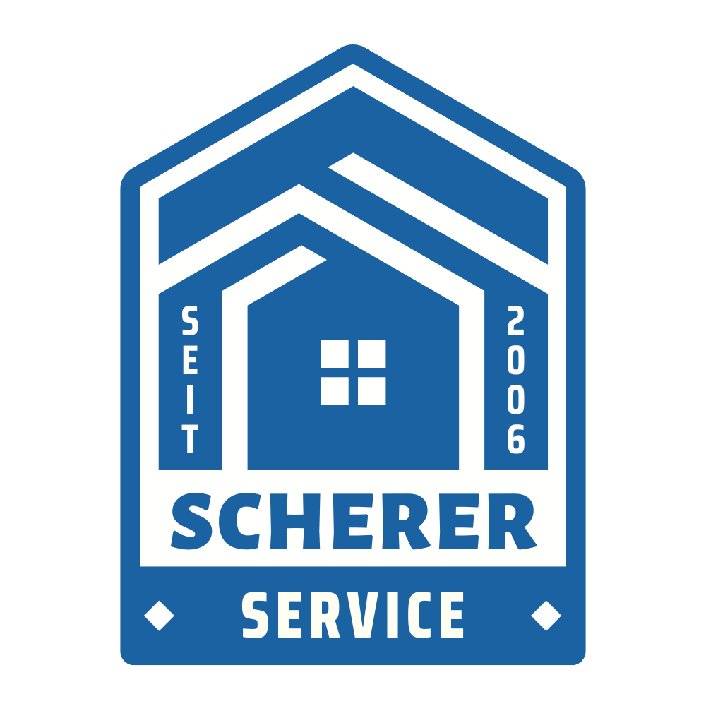 Blaues Logo mit Haus-Symbol, Text "SEIT 2006 SCHERER SERVICE" und Rauten.