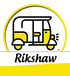 Yellow and black auto-rickshaw icon in a yellow circle above "Rikshaw" text.