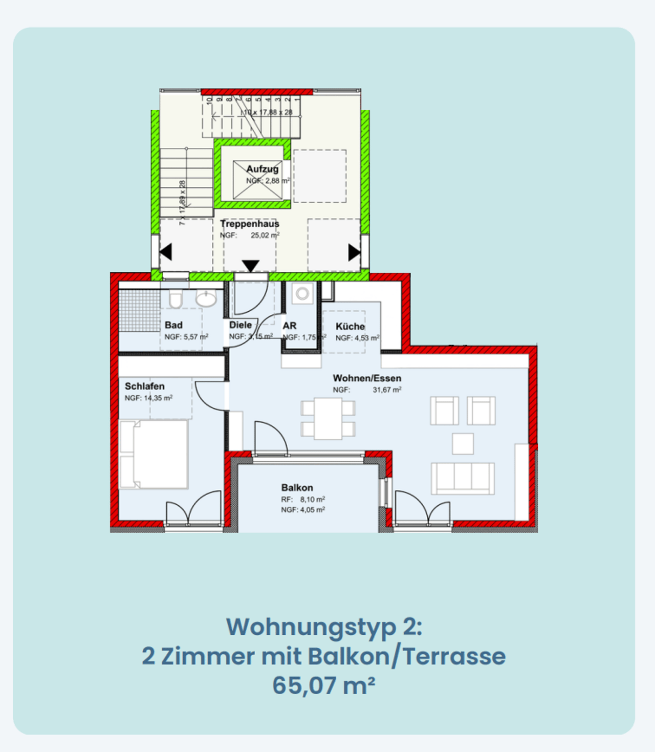 Grundriss Wohnungstyp 2, 2 Zimmer, 65,07 m² Wohnfläche