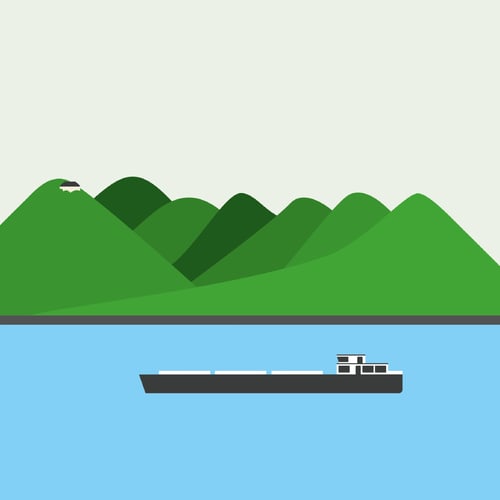 Illustration des Siebengebirges mit grünen Hügeln und einem Schiff auf dem Rhein