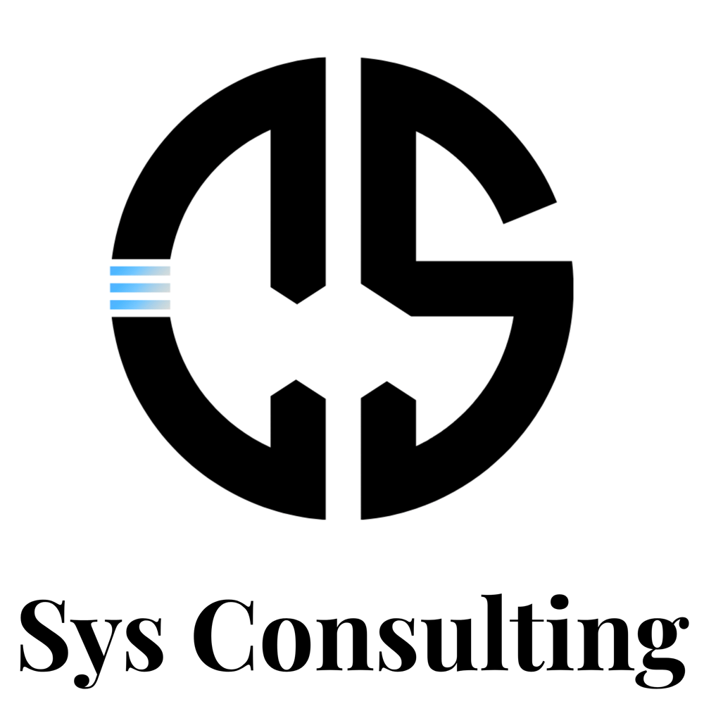 Schwarzes kreisförmiges Logo mit stilisierten Buchstaben „CS“ und blauen Linien, darunter „Sys Consulting“.