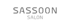 Graues Sassoon Salon-Logo auf weißem, abgerundetem Rechteck.
