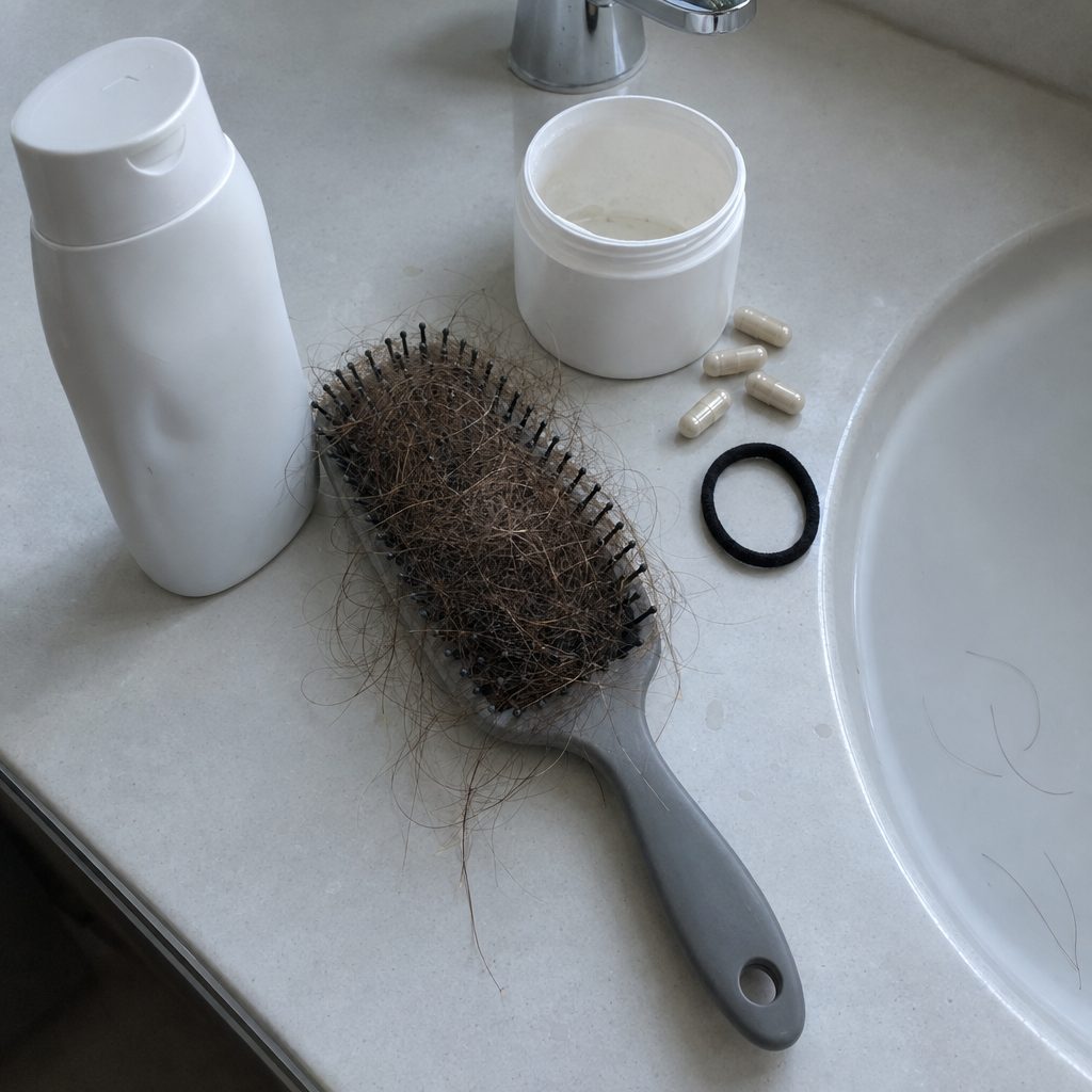 Shampooflaschen, Kapseln und Kuren auf dem Badregal