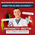 Ein lächelnder Arzt vor deutschen und Schweizer Flaggen, mit Stethoskop und Text: „ARBEITEN IN DER SCHWEIZ! Überdurchschnittliches Gehalt, Flexible Arbeitszeiten. FACHARZT/-ÄRZTIN FÜR ALLGEMEINE & INNERE MEDIZIN.“